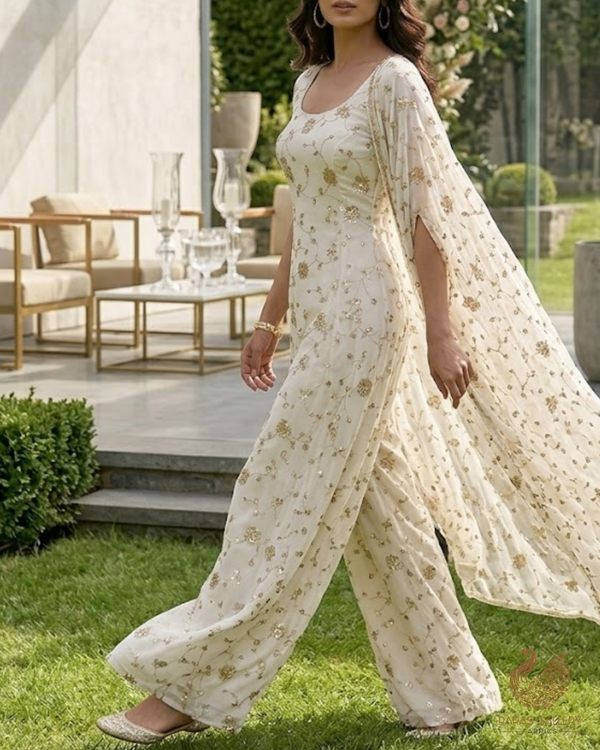 White Dyeable Georgette Fabric With All Over Sequins, Katdana, Bead And Zari Work 23633