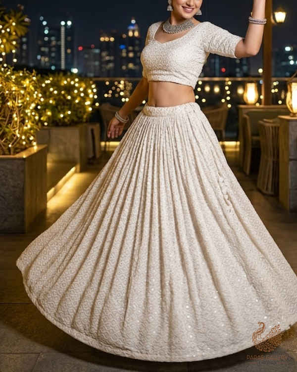 White Dyeable Georgette Fabric With All Over Sequins And Thread Work 23634