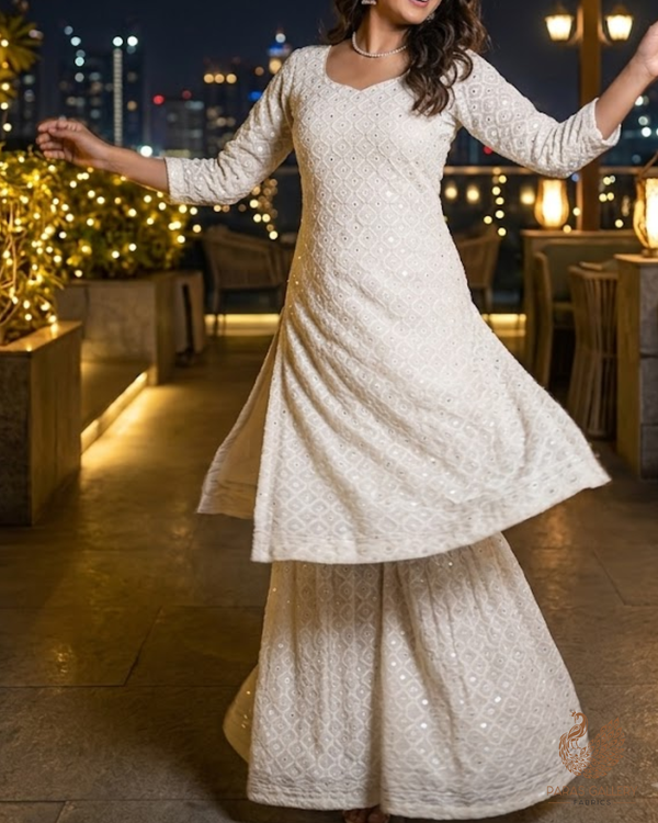 White Dyeable Georgette Fabric With All Over Sequins And Thread Work 23634