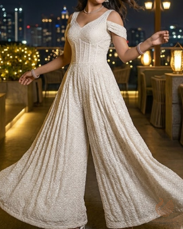 White Dyeable Georgette Fabric With All Over Sequins And Thread Work 23634