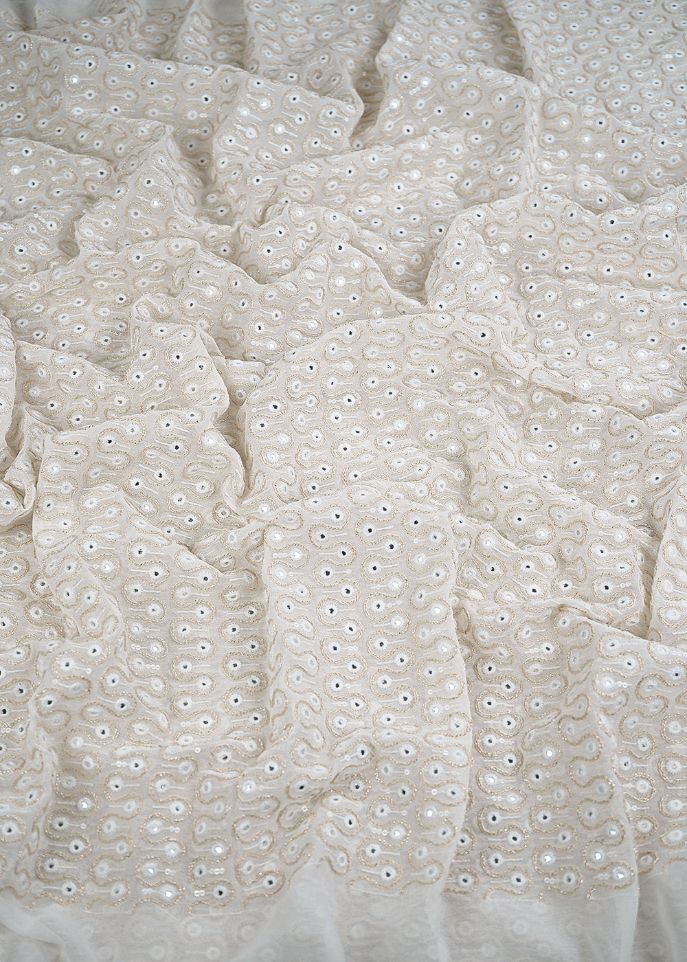 White Dyeable Georgette Fabric With All Over Sequins, Thread And Faux Mirror Work 23635