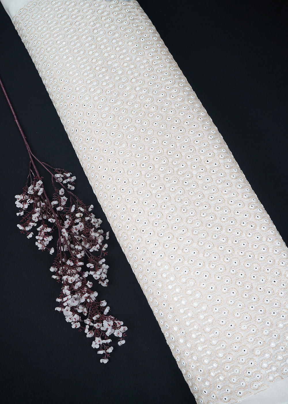 White Dyeable Georgette Fabric With All Over Sequins, Thread And Faux Mirror Work 23635