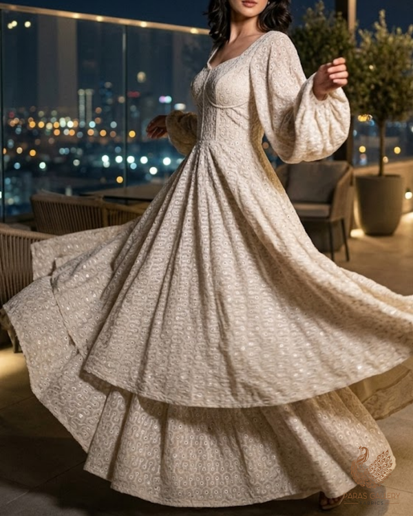 White Dyeable Georgette Fabric With All Over Sequins, Thread And Faux Mirror Work 23635