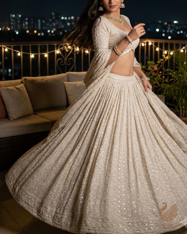 White Dyeable Georgette Fabric With All Over Sequins, Thread And Faux Mirror Work 23635