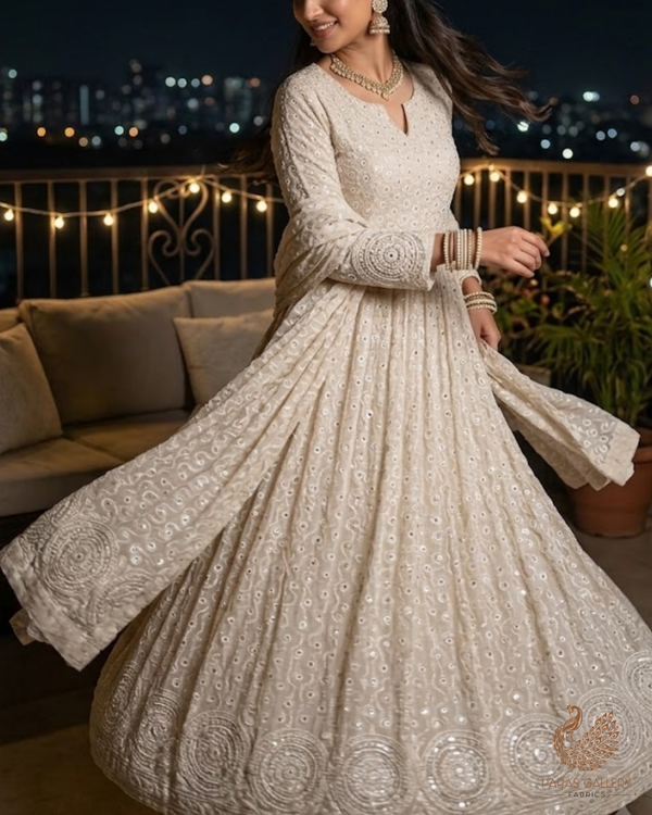 White Dyeable Georgette Fabric With All Over Sequins, Thread And Faux Mirror Work 23635