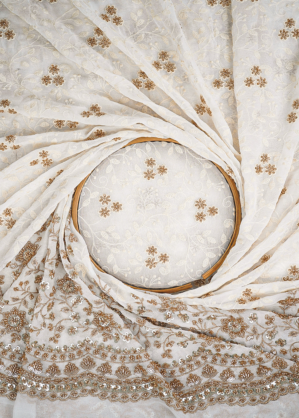 White Dyeable Georgette Fabric With All Over Sequins, Katdana And Zari Work With One Side Heavy Border 23636