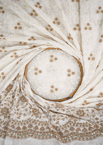 White Dyeable Georgette Fabric With All Over Sequins, Katdana, Thread And Zari Work With One Side Heavy Border 23636