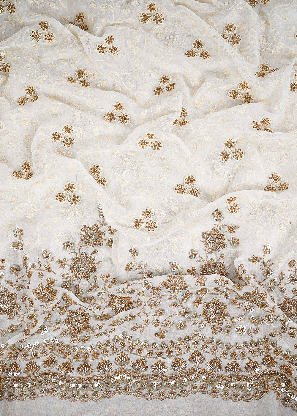 White Dyeable Georgette Fabric With All Over Sequins, Katdana And Zari Work With One Side Heavy Border 23636