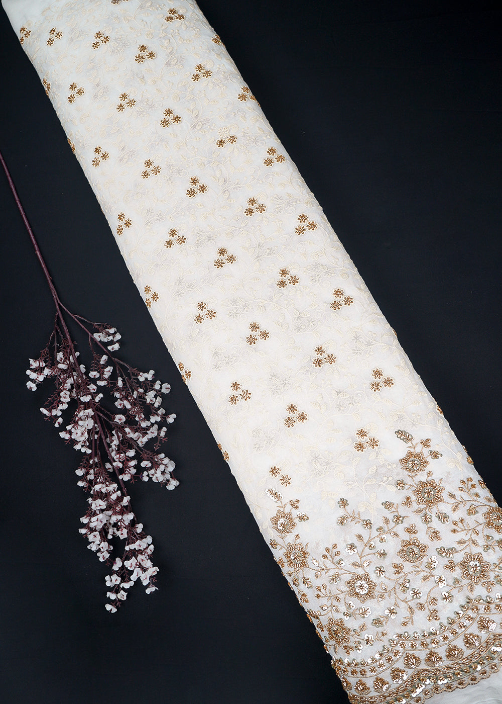 White Dyeable Georgette Fabric With All Over Sequins, Katdana And Zari Work With One Side Heavy Border 23636