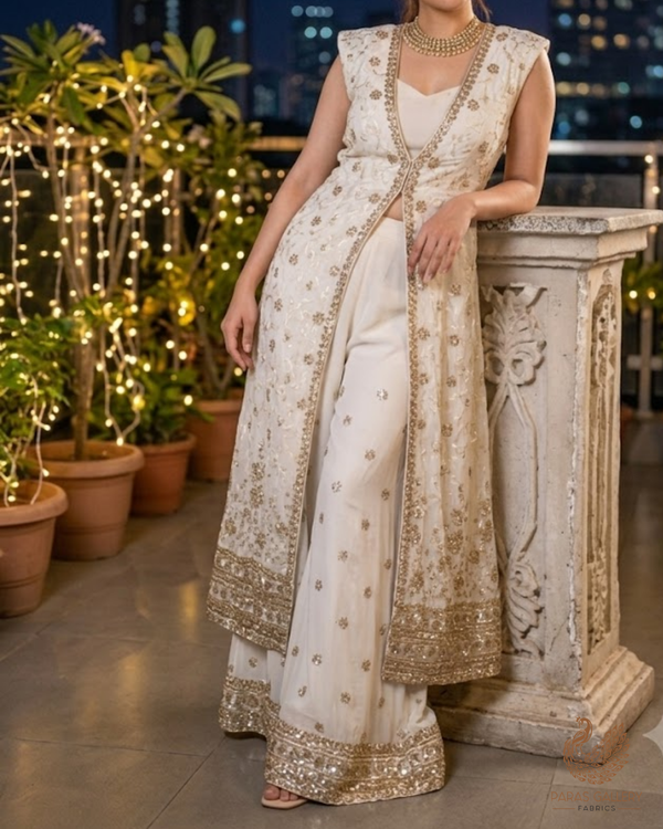 White Dyeable Georgette Fabric With All Over Sequins, Katdana, Thread And Zari Work With One Side Heavy Border 23636