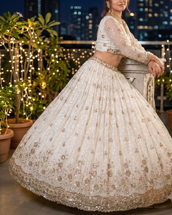 White Dyeable Georgette Fabric With All Over Sequins, Katdana, Thread And Zari Work With One Side Heavy Border 23636