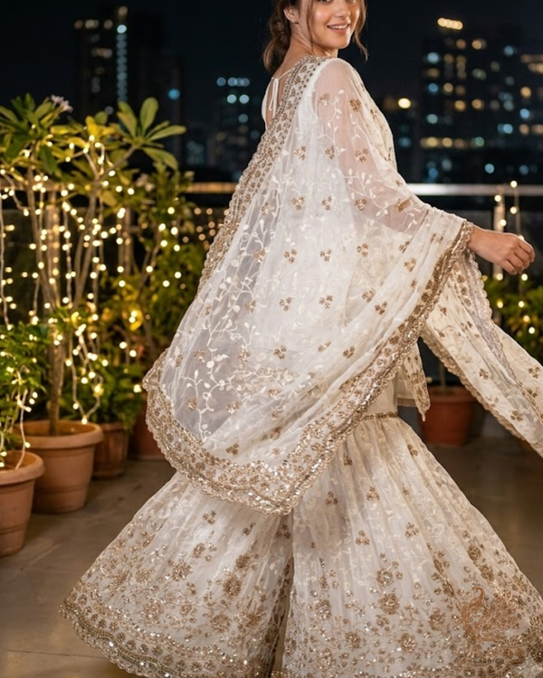 White Dyeable Georgette Fabric With All Over Sequins, Katdana, Thread And Zari Work With One Side Heavy Border 23636