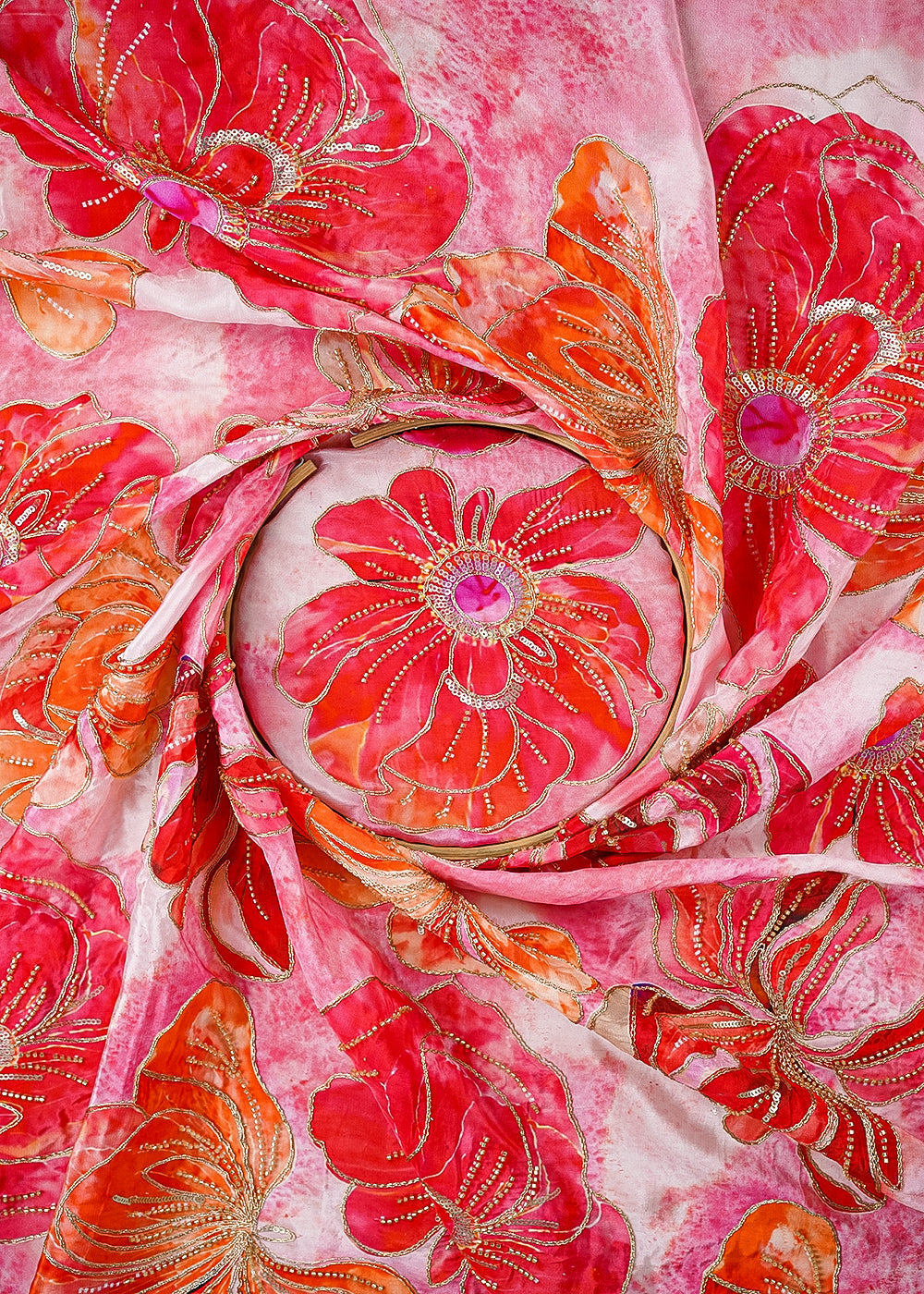 Pink Crepe Fabric With All Over Sequins, Katdana And Zari Work 23652