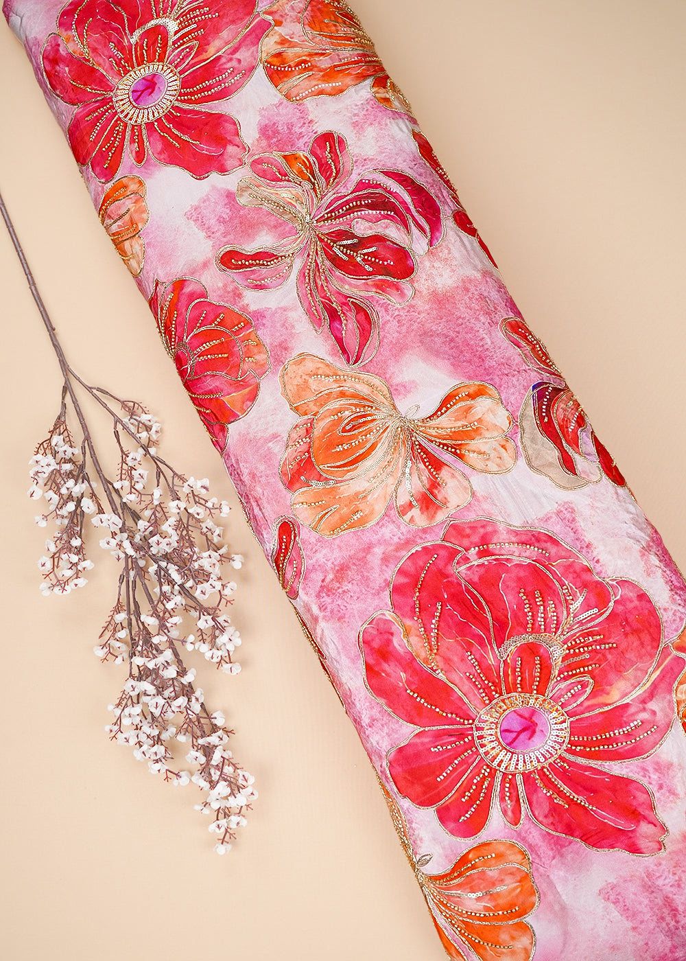 Pink Crepe Fabric With All Over Sequins, Katdana And Zari Work 23652