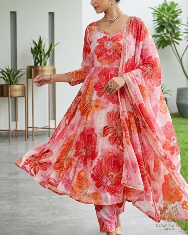 Pink Crepe Fabric With All Over Sequins, Katdana And Zari Work 23652