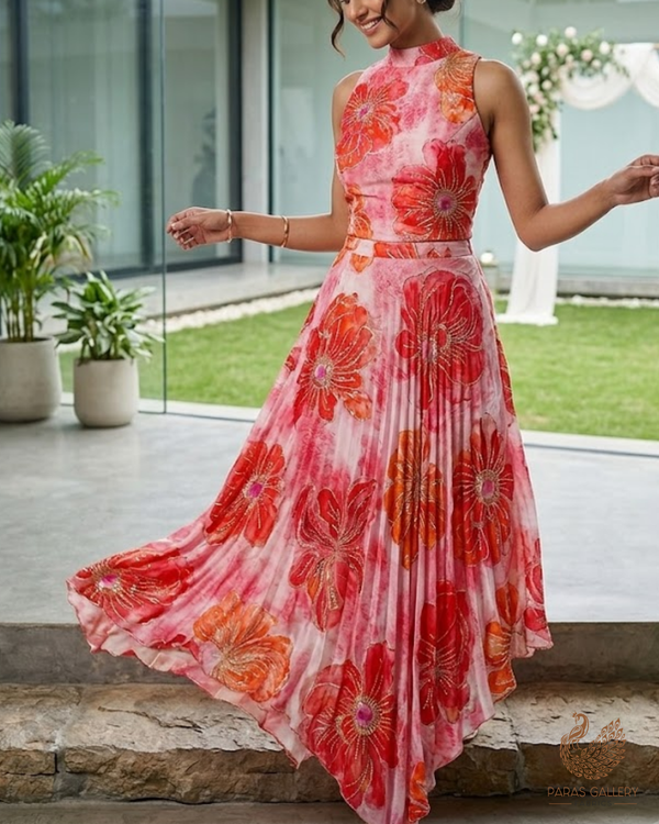 Pink Crepe Fabric With All Over Sequins, Katdana And Zari Work 23652