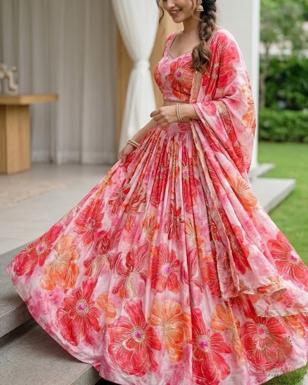 Pink Crepe Fabric With All Over Sequins, Katdana And Zari Work 23652