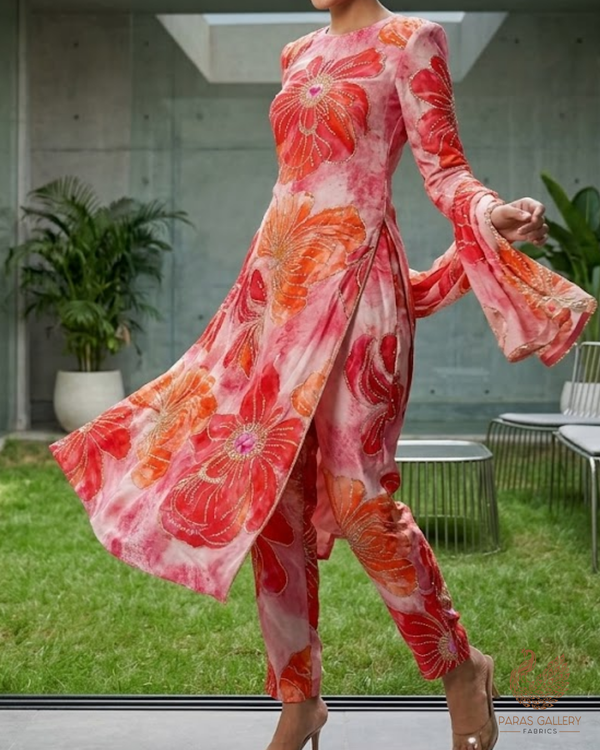 Pink Crepe Fabric With All Over Sequins, Katdana And Zari Work 23652