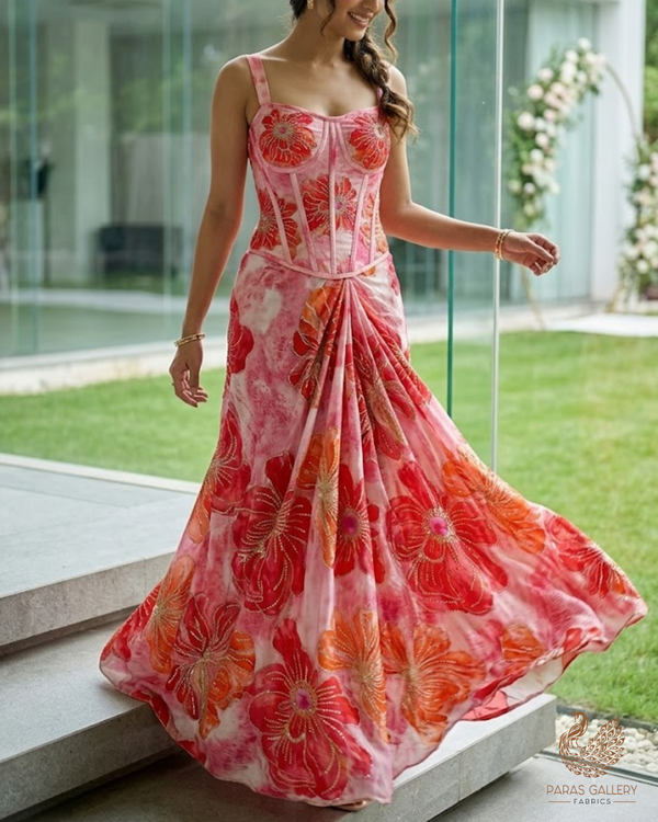 Pink Crepe Fabric With All Over Sequins, Katdana And Zari Work 23652