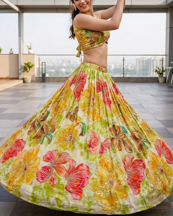 Parrot Green Crepe Fabric With All Over Sequins, Katdana And Zari Work 23653