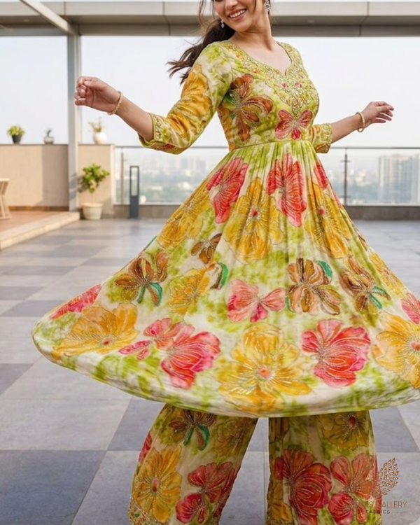 Parrot Green Crepe Fabric With All Over Sequins, Katdana And Zari Work 23653
