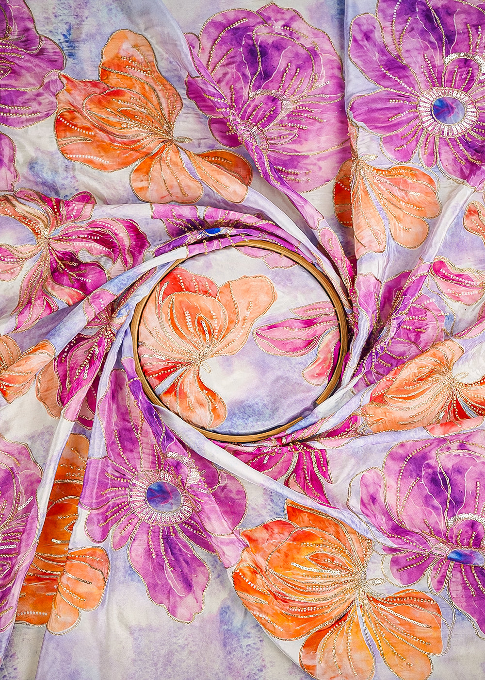 Lavender Crepe Fabric With All Over Sequins, Katdana And Zari Work 23654