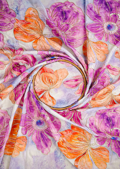 Lavender Crepe Fabric With All Over Sequins, Katdana And Zari Work 23654