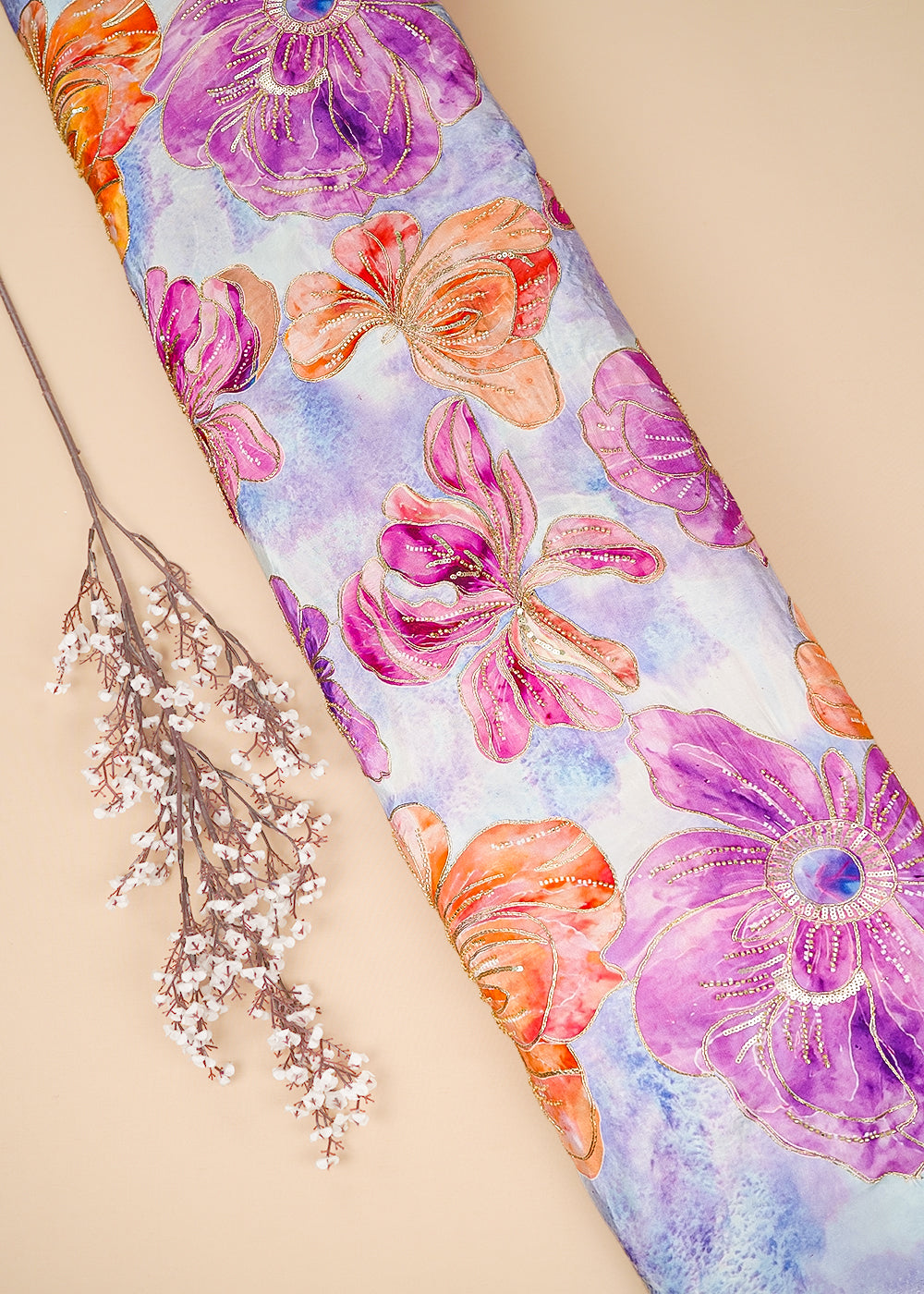 Lavender Crepe Fabric With All Over Sequins, Katdana And Zari Work 23654