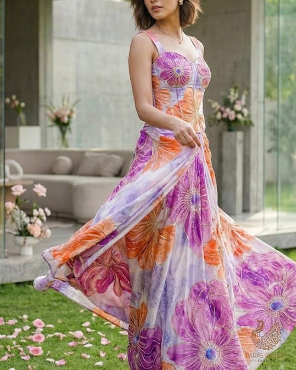 Lavender Crepe Fabric With All Over Sequins, Katdana And Zari Work 23654