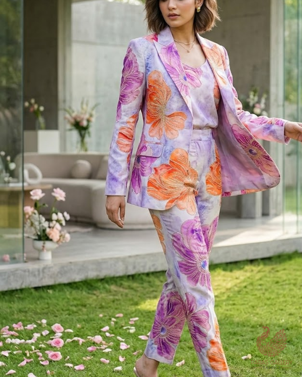 Lavender Crepe Fabric With All Over Sequins, Katdana And Zari Work 23654