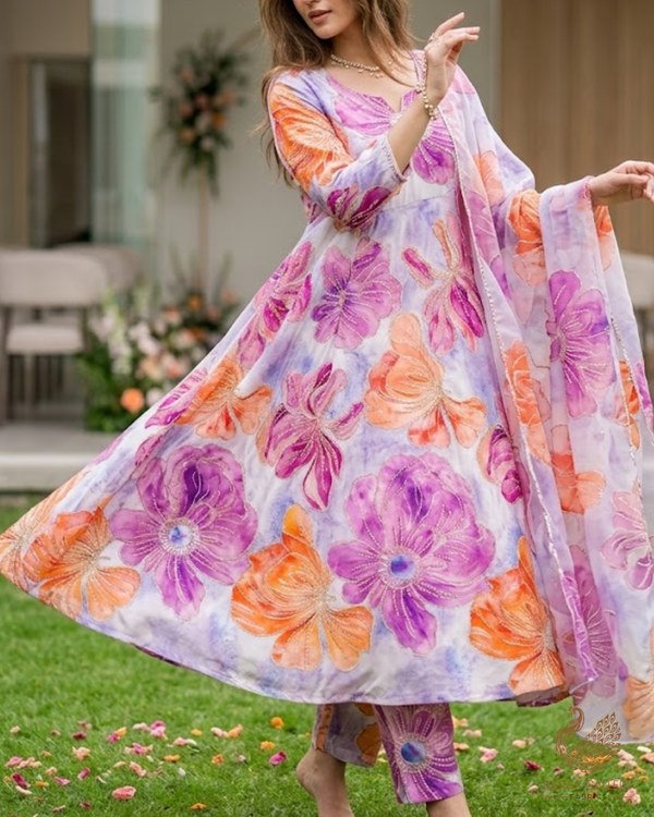 Lavender Crepe Fabric With All Over Sequins, Katdana And Zari Work 23654