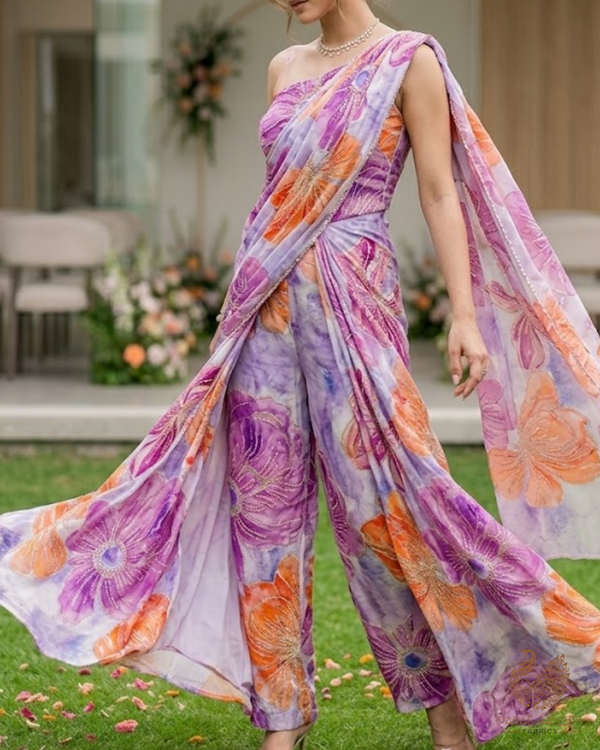 Lavender Crepe Fabric With All Over Sequins, Katdana And Zari Work 23654