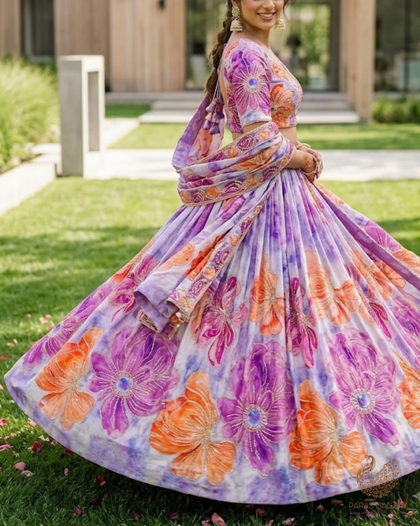 Lavender Crepe Fabric With All Over Sequins, Katdana And Zari Work 23654