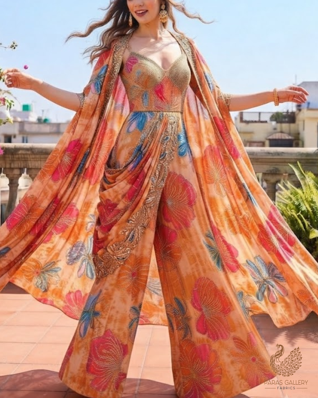 Orange Crepe Fabric With All Over Sequins, Katdana And Zari Work 23656