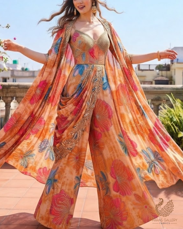 Orange Crepe Fabric With All Over Sequins, Katdana And Zari Work 23656