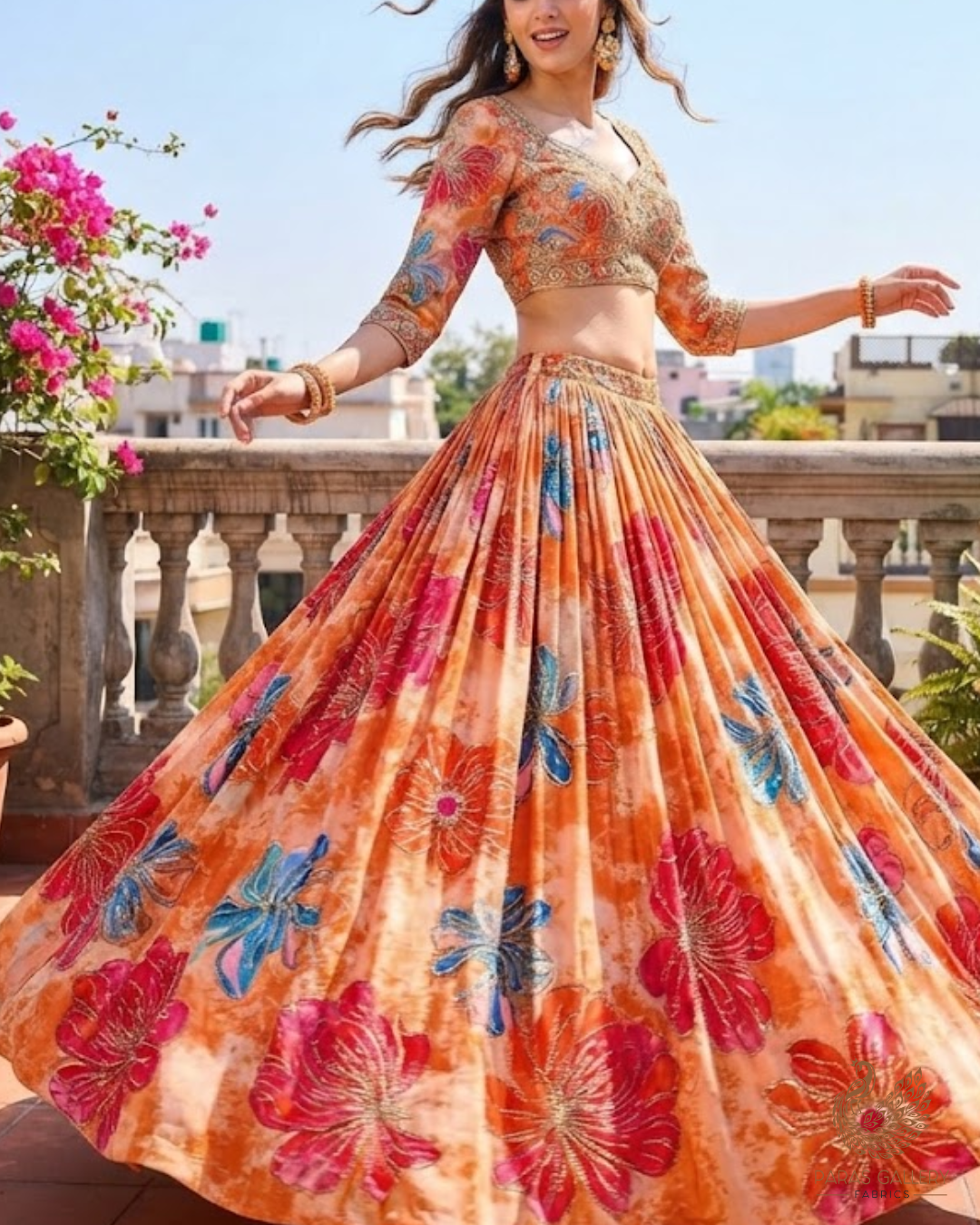 Orange Crepe Fabric With All Over Sequins, Katdana And Zari Work 23656