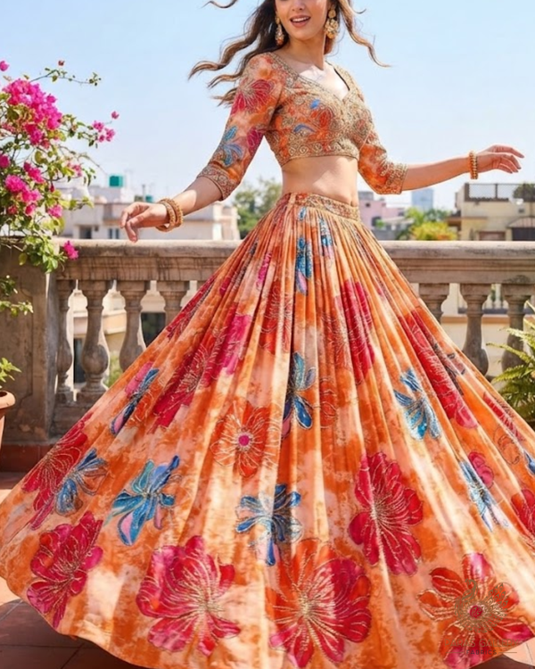 Orange Crepe Fabric With All Over Sequins, Katdana And Zari Work 23656