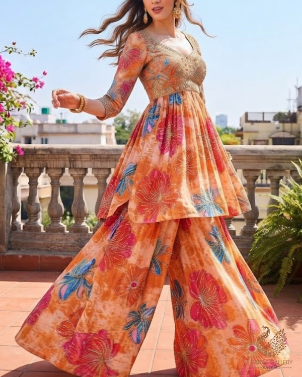 Orange Crepe Fabric With All Over Sequins, Katdana And Zari Work 23656