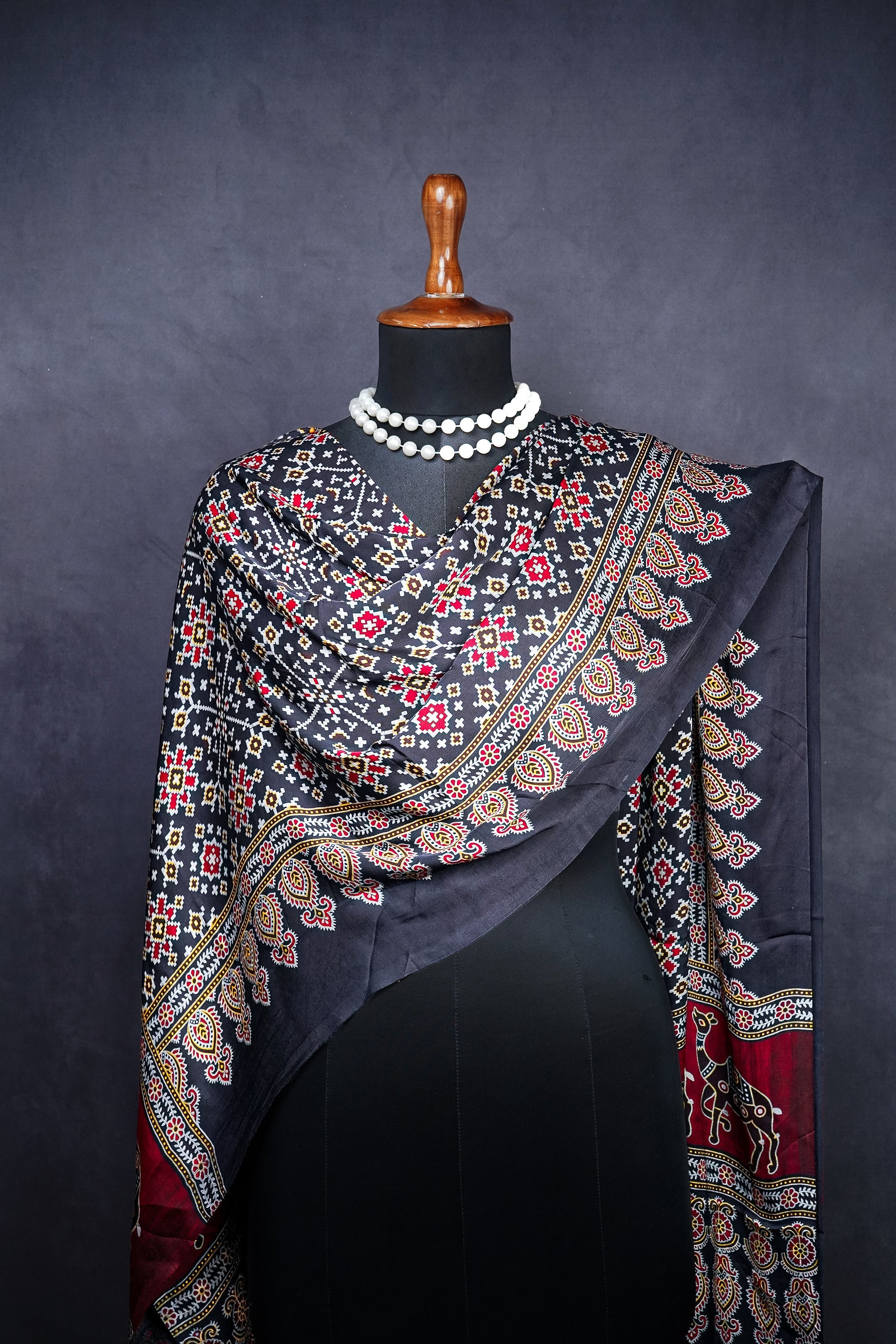 Black Modal Satin Dupatta With All Over Ajrakh Print 23667