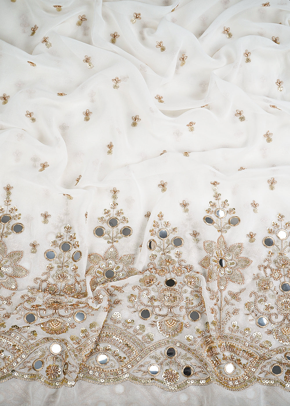 White Dyeable Georgette Fabric With All Over Sequins, Katdana, Zari And Faux Mirror Work With One Side Heavy Border 23669