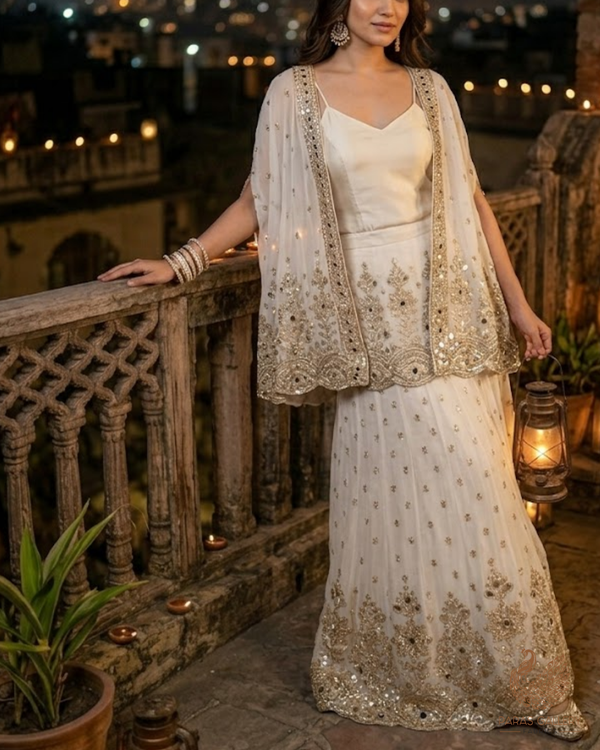 White Dyeable Georgette Fabric With All Over Sequins, Katdana, Zari And Faux Mirror Work With One Side Heavy Border 23669