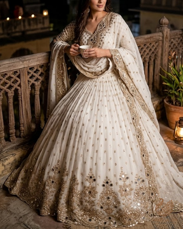 White Dyeable Georgette Fabric With All Over Sequins, Katdana, Zari And Faux Mirror Work With One Side Heavy Border 23669