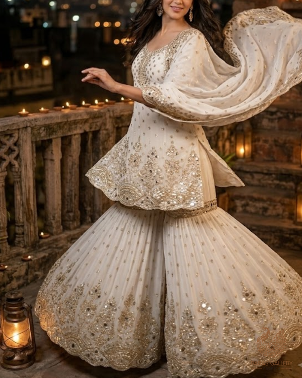 White Dyeable Georgette Fabric With All Over Sequins, Katdana, Zari And Faux Mirror Work With One Side Heavy Border 23669
