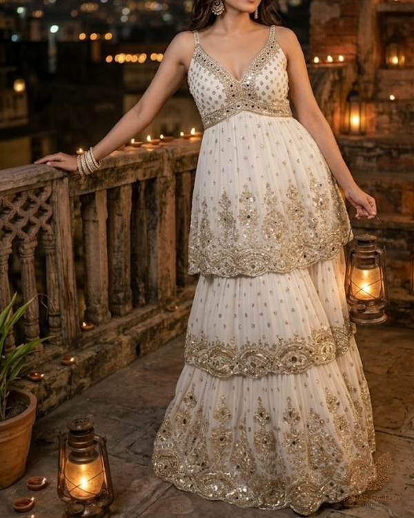 White Dyeable Georgette Fabric With All Over Sequins, Katdana, Zari And Faux Mirror Work With One Side Heavy Border 23669