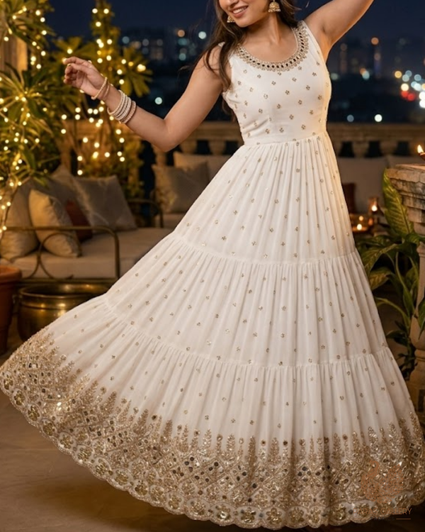 White Dyeable Georgette Fabric With All Over Sequins, Katdana, Bead, Zari And Faux Mirror Work With One Side Heavy Border 23670