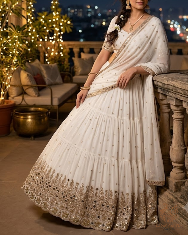 White Dyeable Georgette Fabric With All Over Sequins, Katdana, Bead, Zari And Faux Mirror Work With One Side Heavy Border 23670