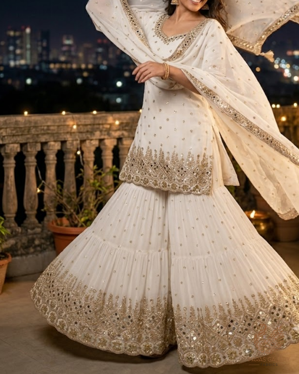 White Dyeable Georgette Fabric With All Over Sequins, Katdana, Bead, Zari And Faux Mirror Work With One Side Heavy Border 23670