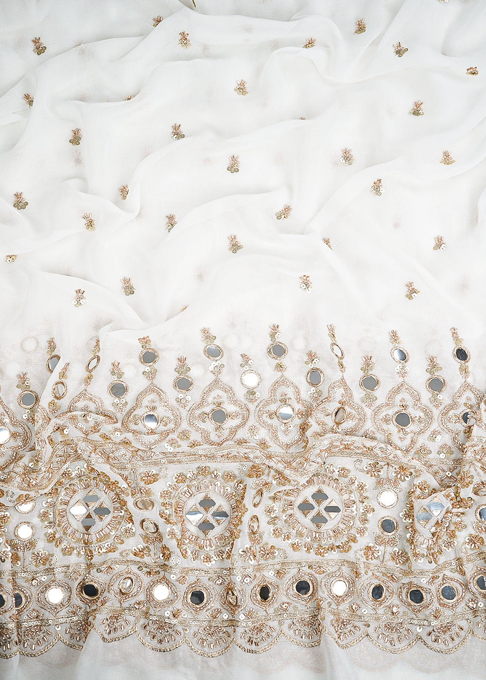 White Dyeable Georgette Fabric With All Over Sequins, Katdana, Zari And Faux Mirror Work With One Side Heavy Border 23671