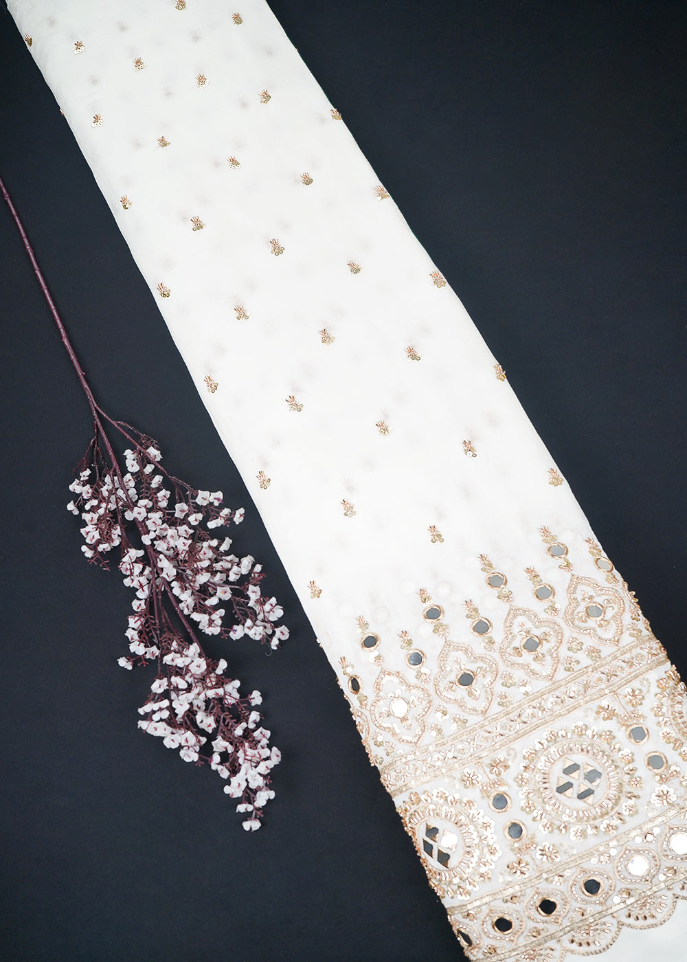 White Dyeable Georgette Fabric With All Over Sequins, Katdana, Zari And Faux Mirror Work With One Side Heavy Border 23671