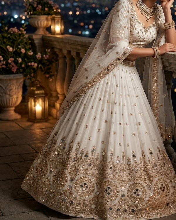 White Dyeable Georgette Fabric With All Over Sequins, Katdana, Zari And Faux Mirror Work With One Side Heavy Border 23671